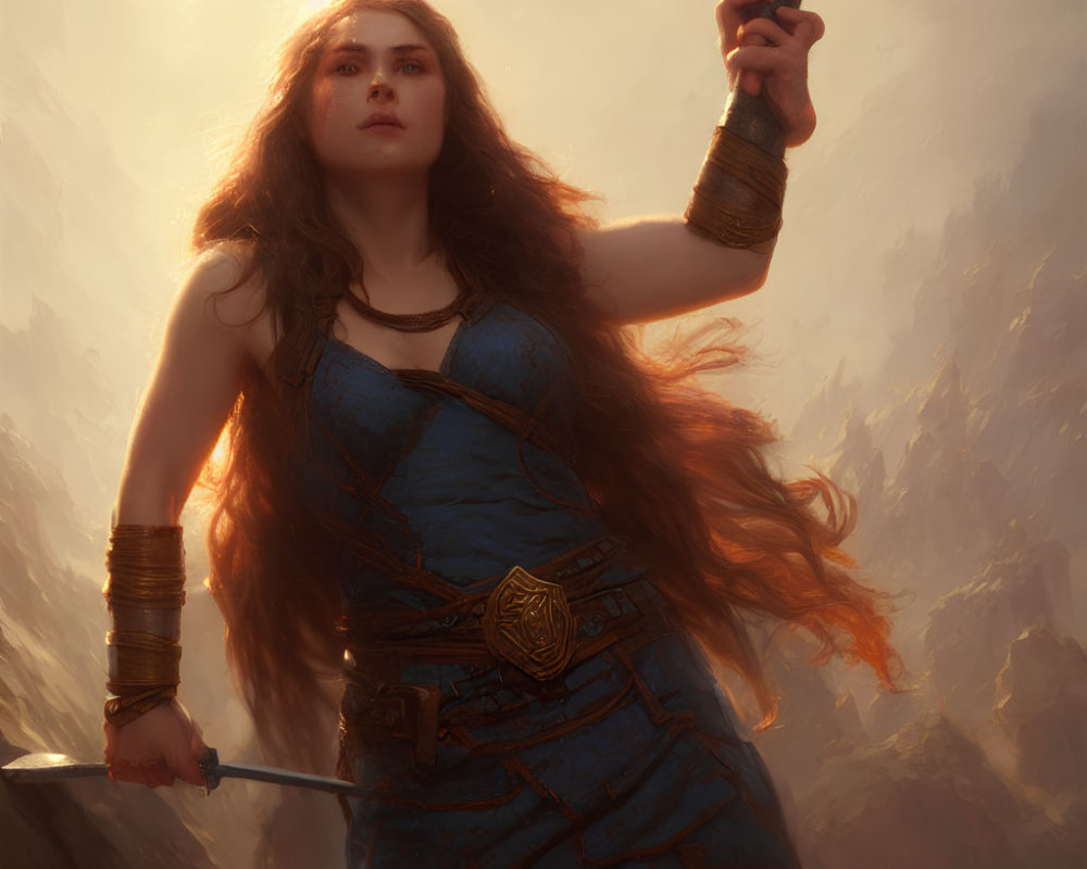 Warrior woman with red hair in blue dress and armor wields hammer and sword.