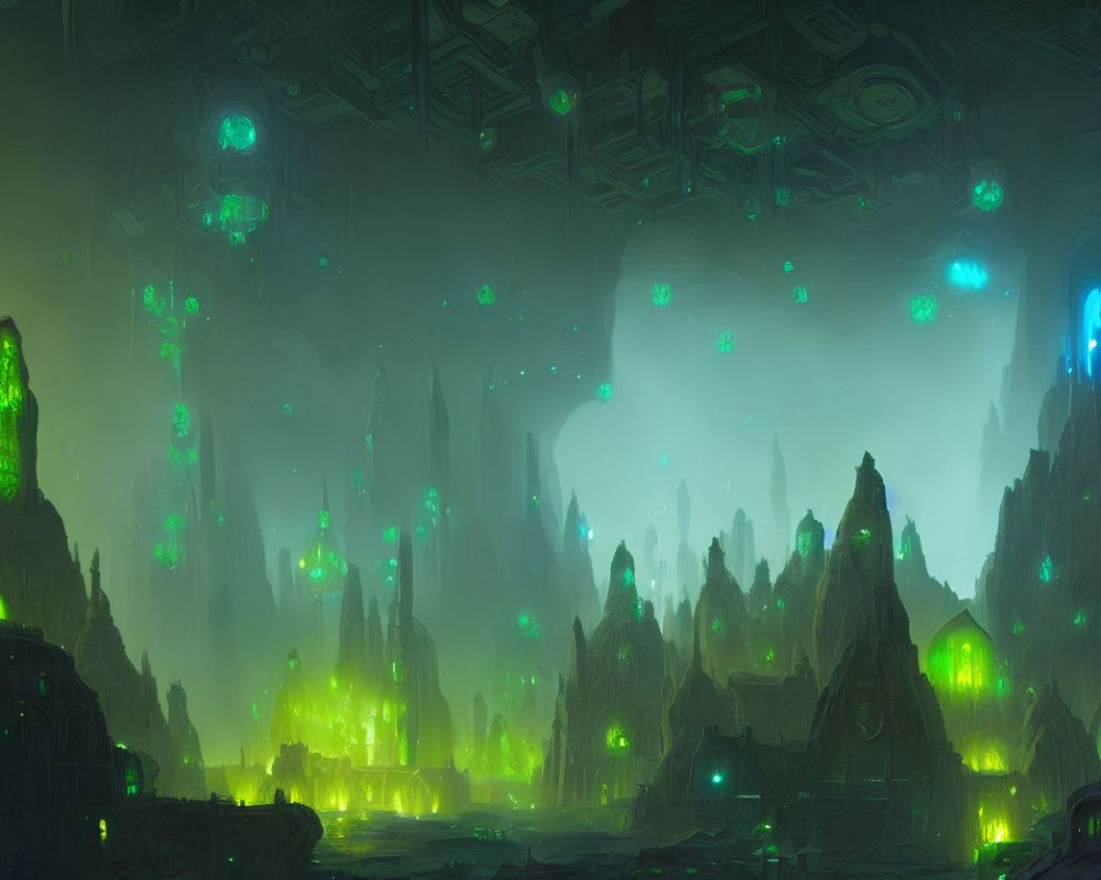 Ethereal cavern landscape with glowing green crystals and floating orbs