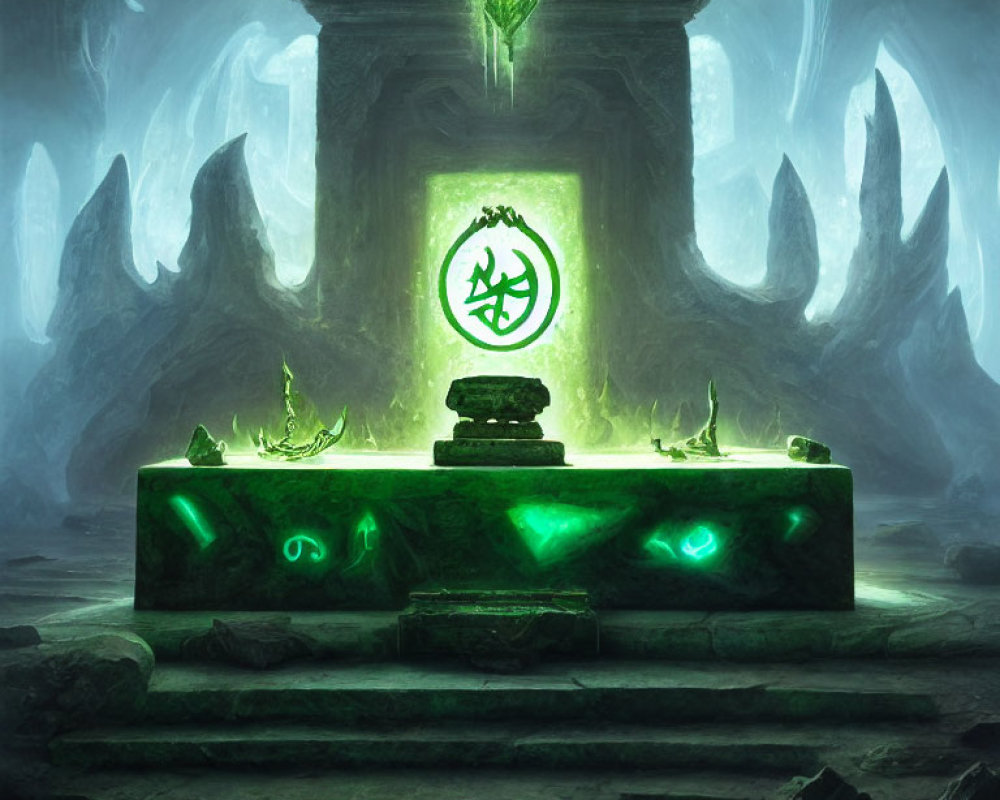 Mystical green altar with glowing symbols in eerie cave