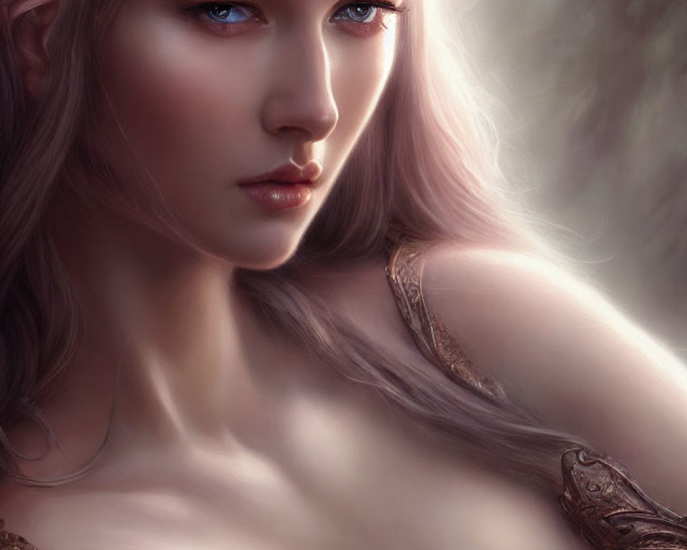 Ethereal female figure with blue eyes and silver hair in elven tiara and armor.