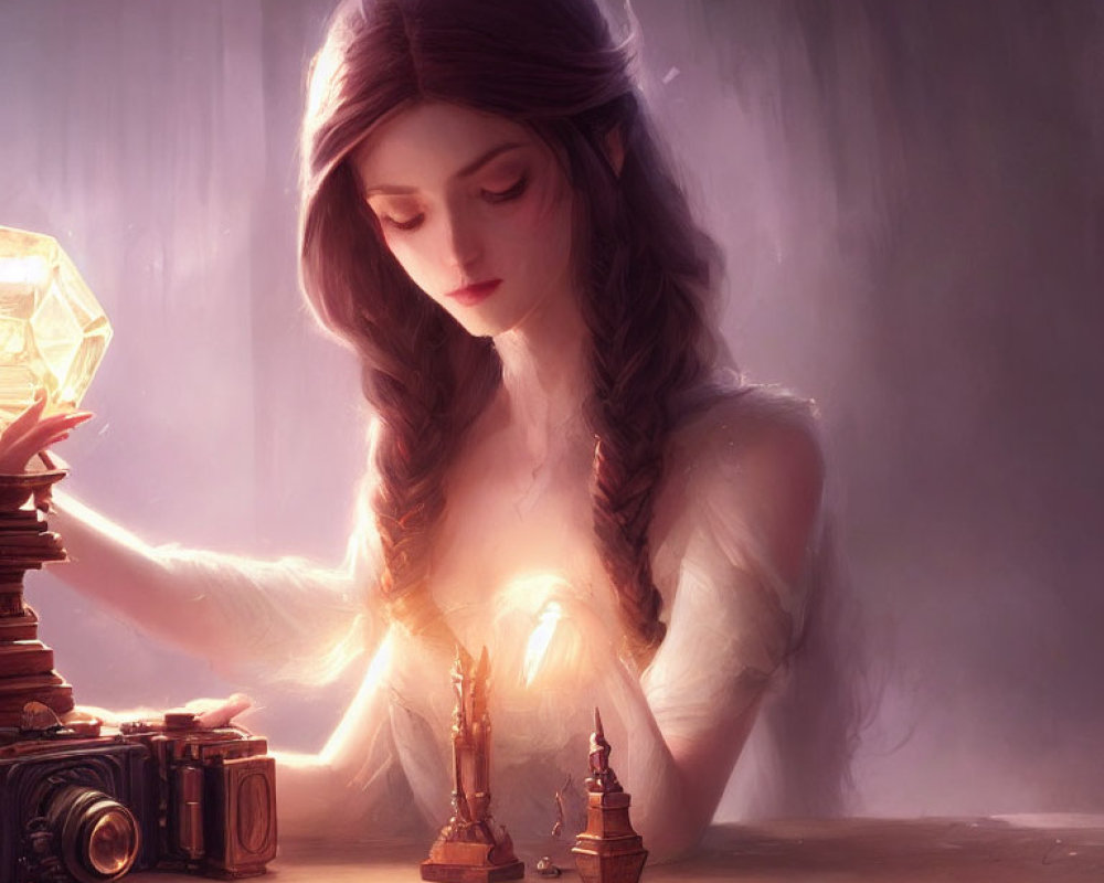 Woman with braided hair touching glowing crystal on books with chess pieces illuminated