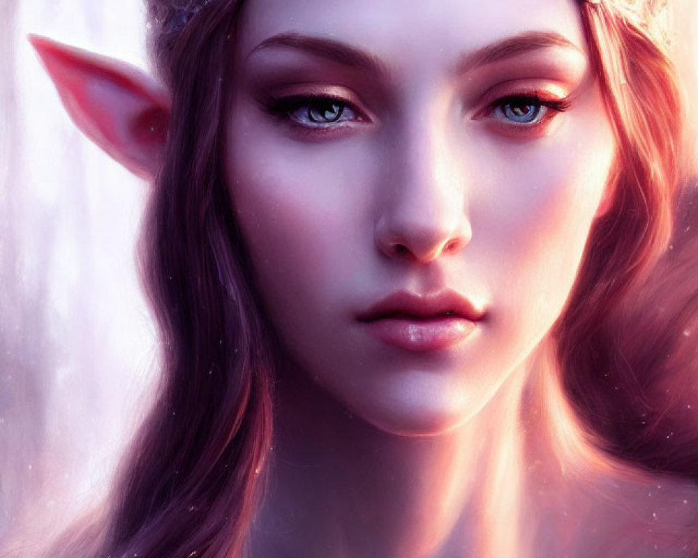 Ethereal female elf with silver tiara in purple glow