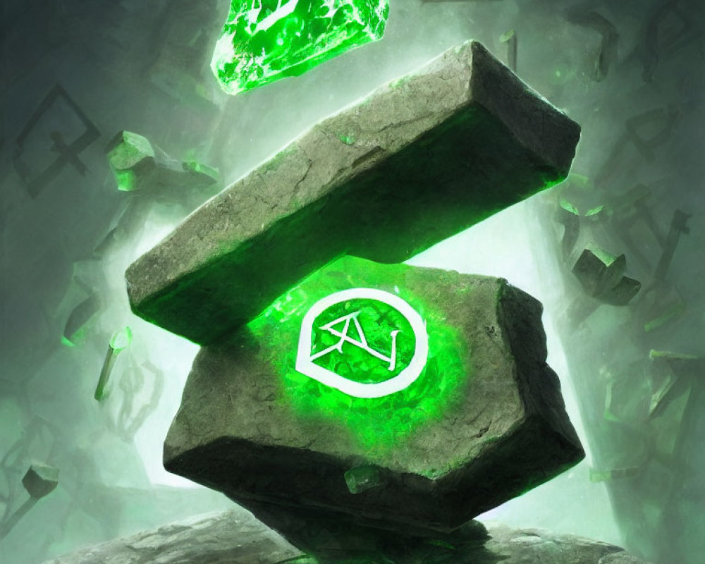 Green Glowing Runes on Floating Stones in Ethereal Misty Setting