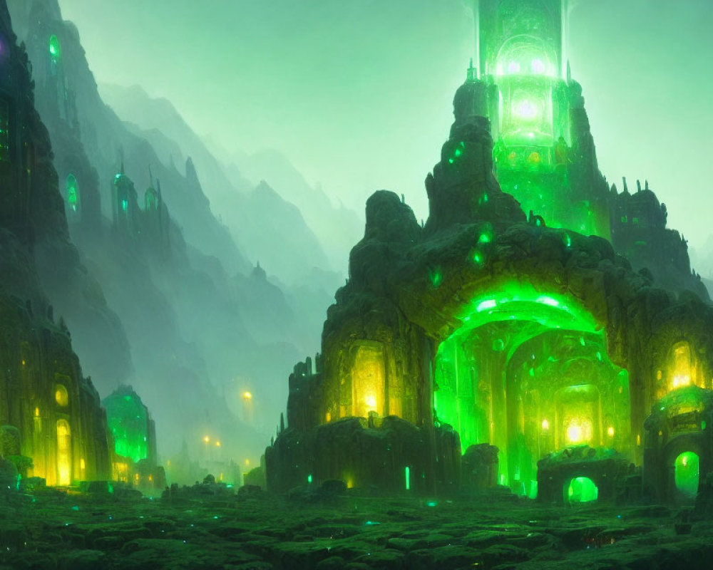 Green-lit fantasy landscape with towering rocky structures and arcane symbols.