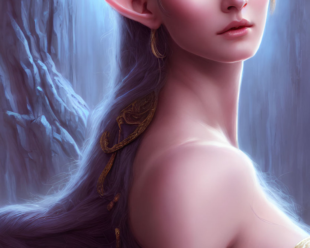 Ethereal elf with blue eyes, pointed ears, golden adornments, icy background