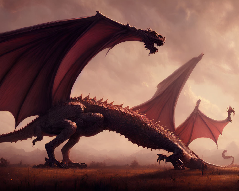 Three Majestic Dragons in Dusk-Lit Field with Outstretched Wings