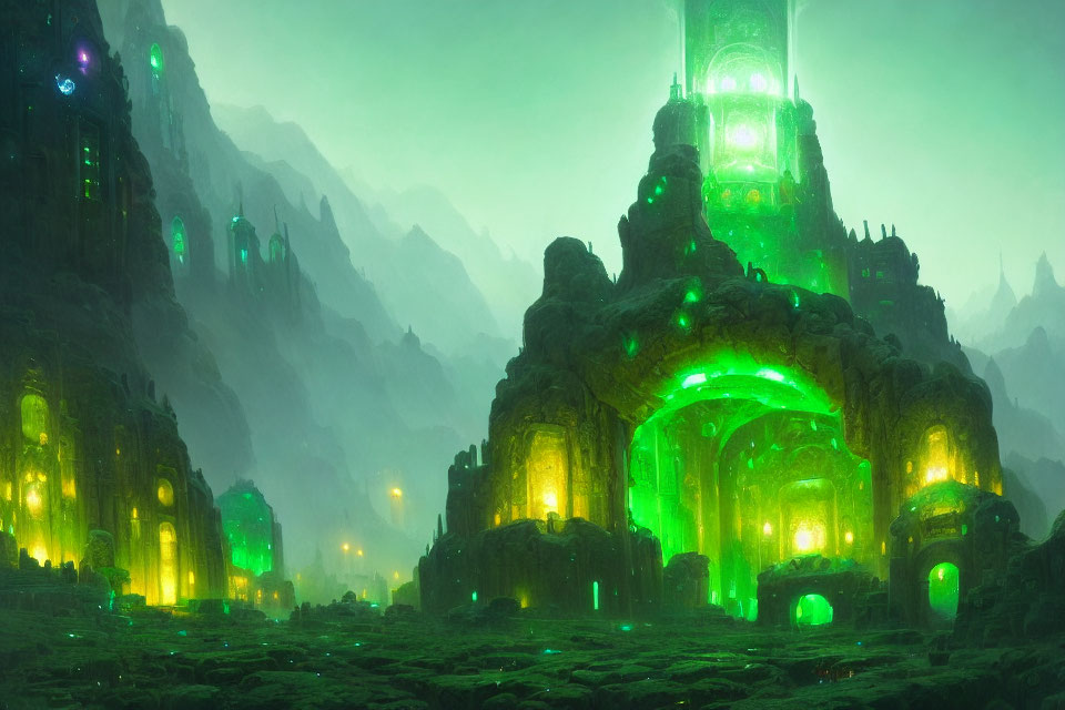 Green-lit fantasy landscape with towering rocky structures and arcane symbols.