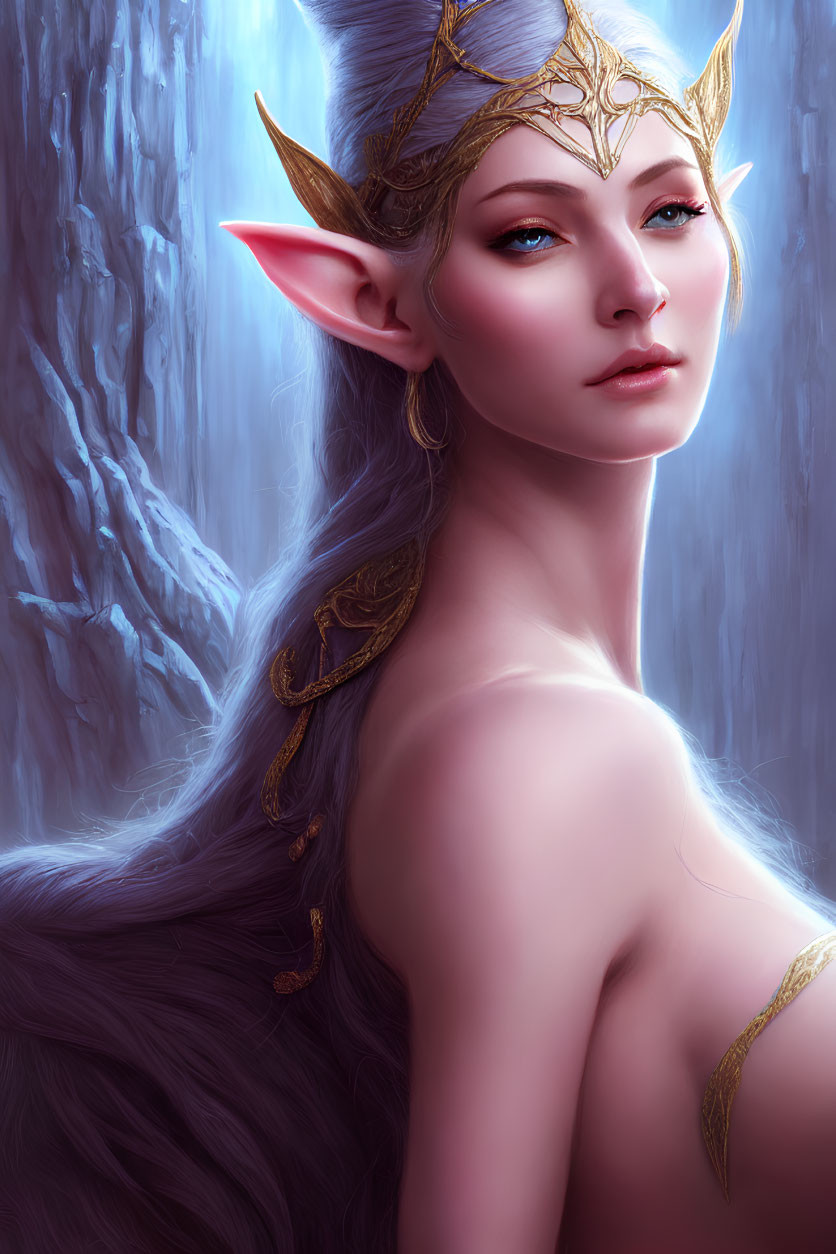 Ethereal elf with blue eyes, pointed ears, golden adornments, icy background