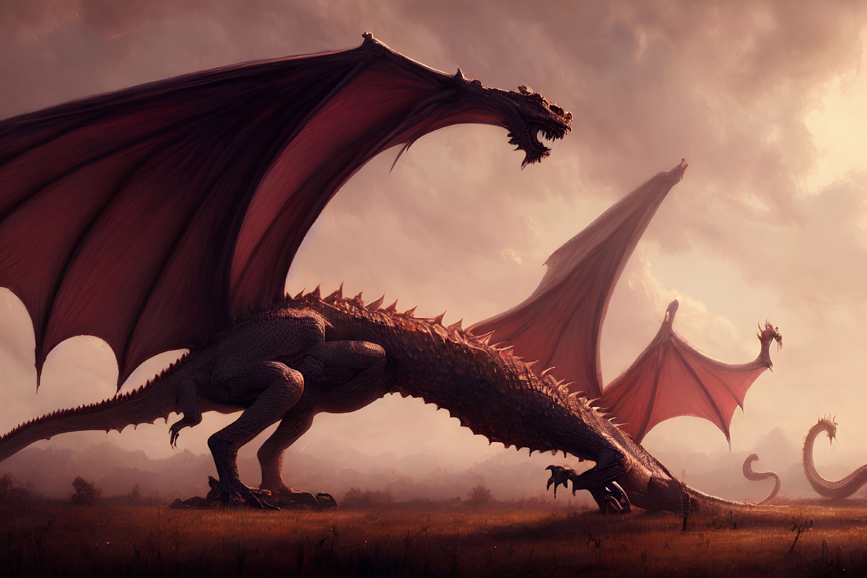 Three Majestic Dragons in Dusk-Lit Field with Outstretched Wings