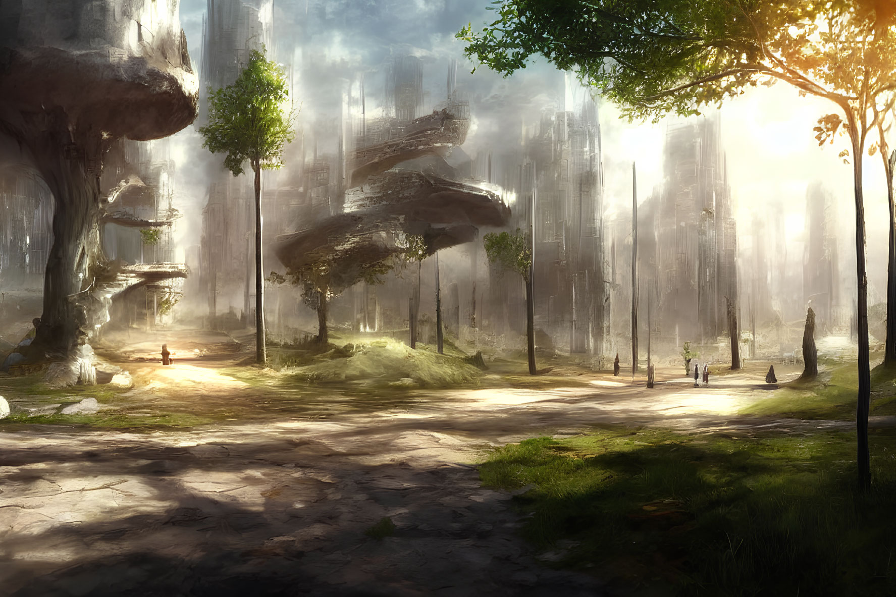 Enchanting forest with towering trees and serene atmosphere