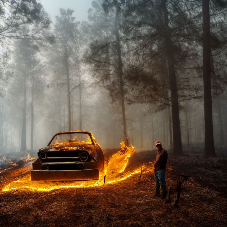 Person beside burning classic car in foggy forest with shovel as flames engulf front end