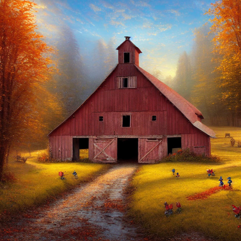 Serene autumn scene with red barn, colorful trees, and chickens