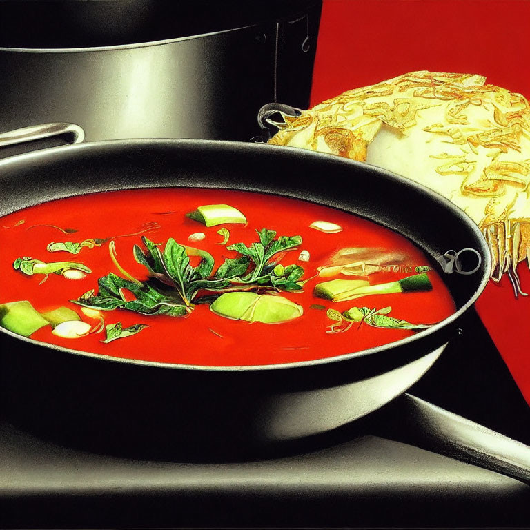 Colorful red soup with herbs and vegetables in black pot with white cloth