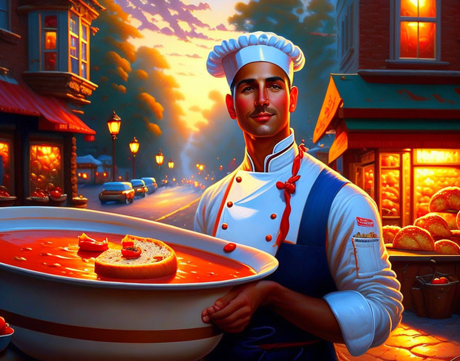 Chef in white hat prepares soup with crouton in enchanting evening street scene