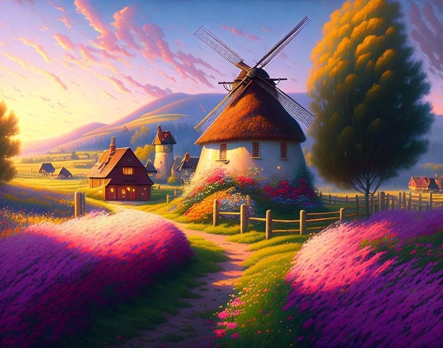 Scenic village with windmill, thatched-roof houses & lavender fields at sunset