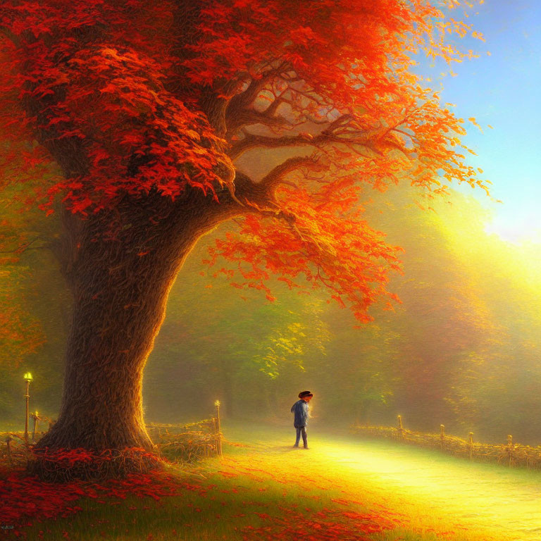 Person standing under vibrant red-leaved tree on misty autumn path