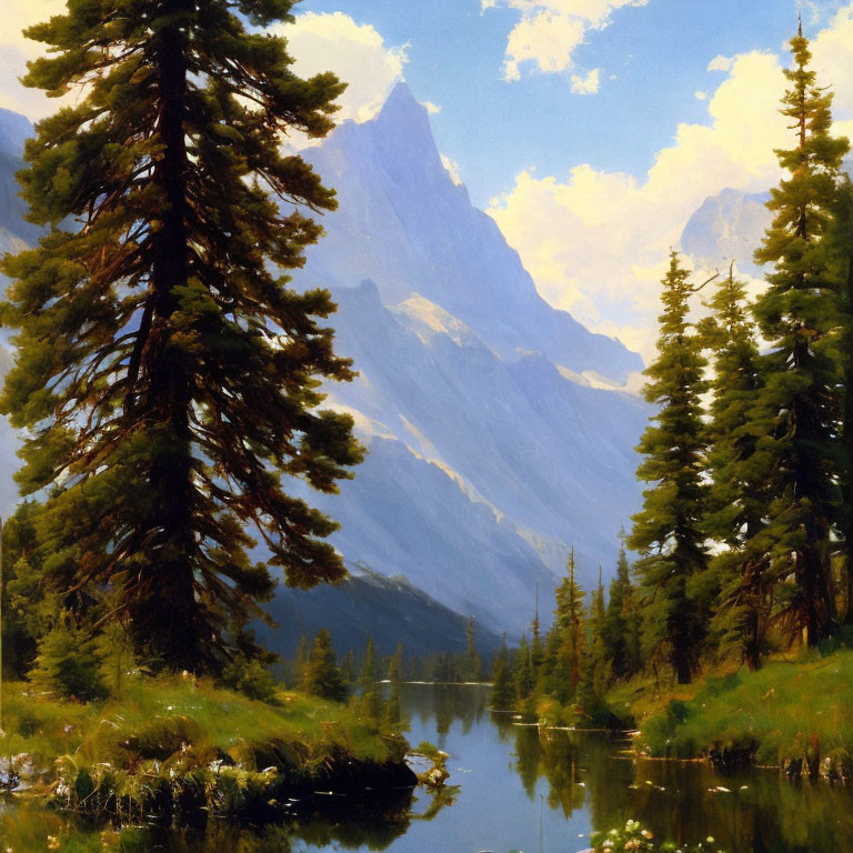 Tranquil landscape with pine trees, river, and misty mountain.