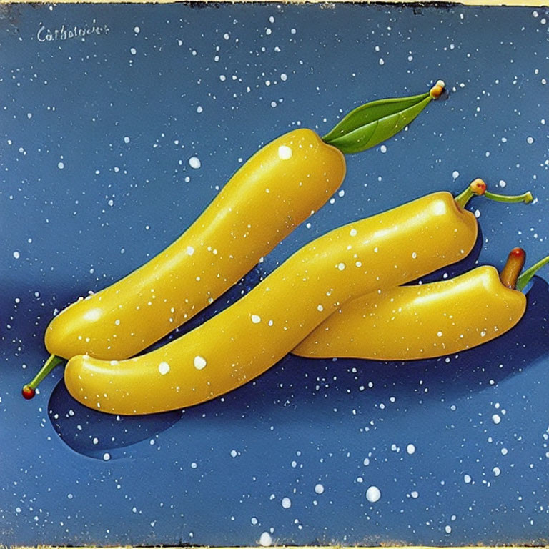 Yellow Chili Peppers with Glossy Finish on Starry Night Sky Backdrop