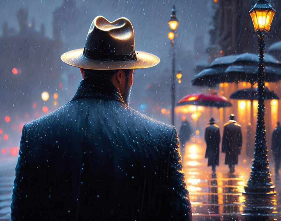 Man in Hat and Coat Walking on Rainy, Lamp-Lit Night Street