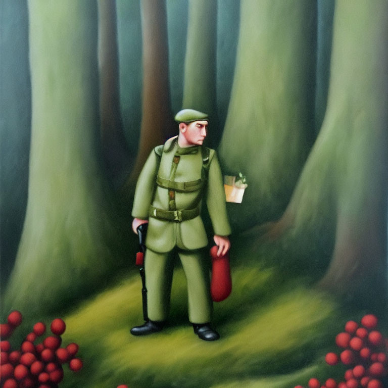 Soldier in Green Uniform Contemplating in Stylized Forest with Oversized Red Berries