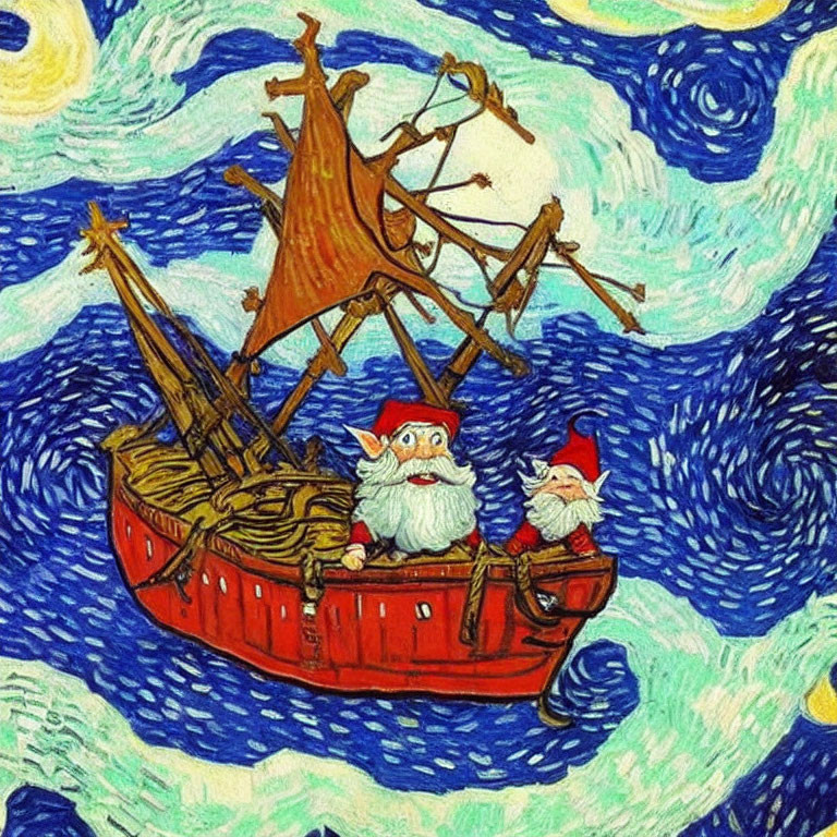 Illustration of two gnomes in red boat under starry night reminiscent of Van Gogh