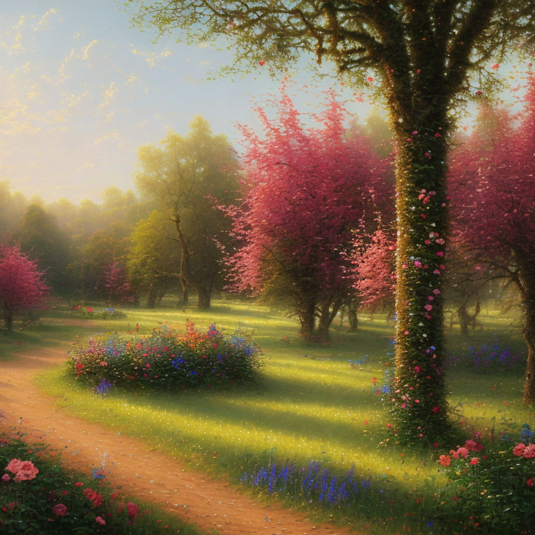 Tranquil Garden Path with Blooming Pink Trees
