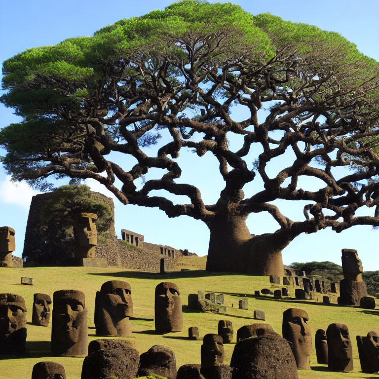 Giant tree overshadowing moai statues in lush landscape