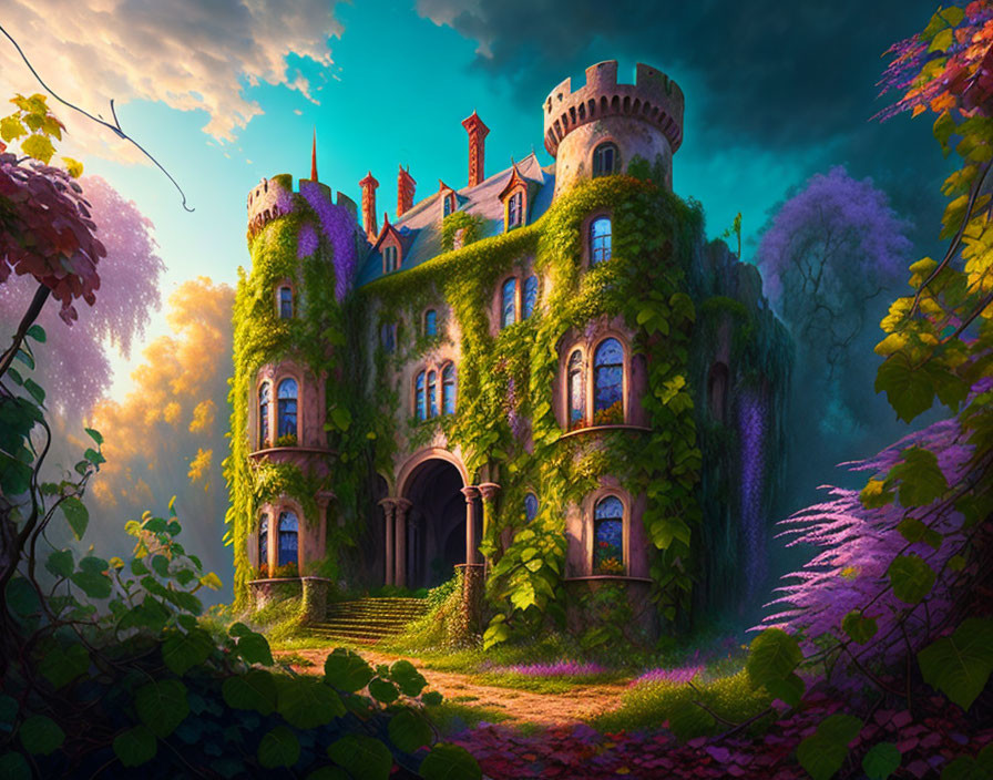 Whimsical castle covered in green ivy surrounded by vibrant flora under mystical sky