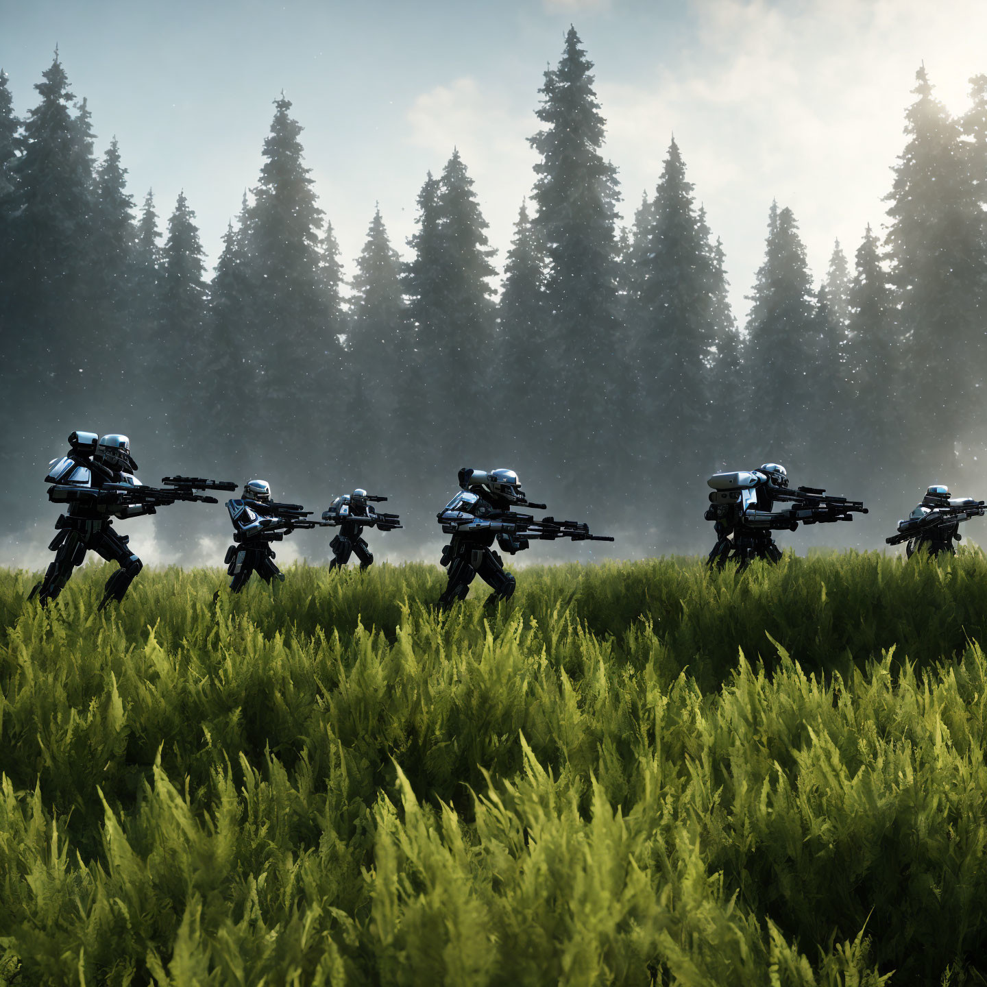 Futuristic soldiers in blue armor in misty forest clearing