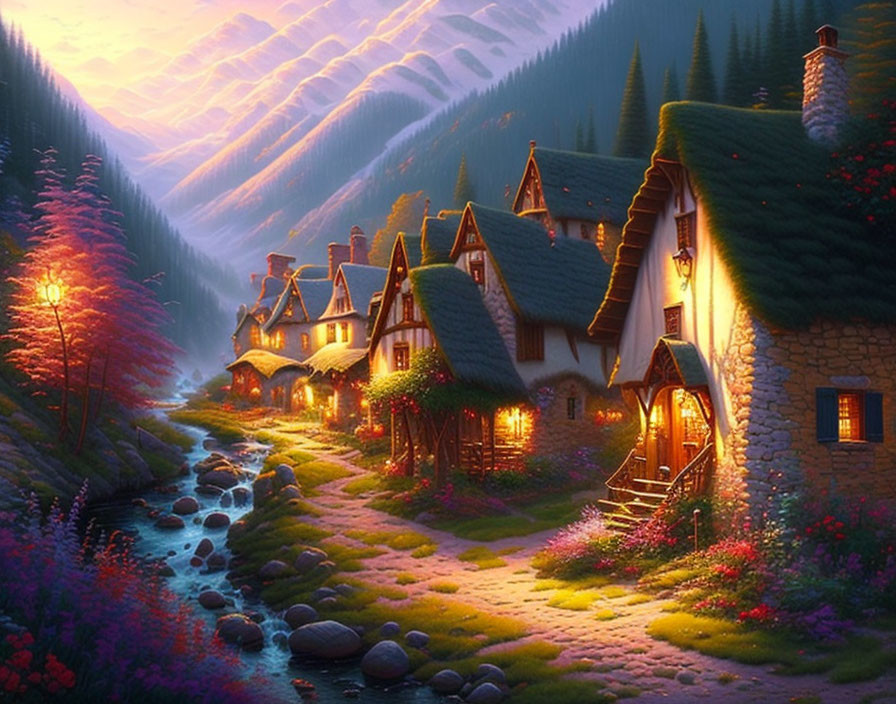 Charming village with cozy cottages by a stream at sunset