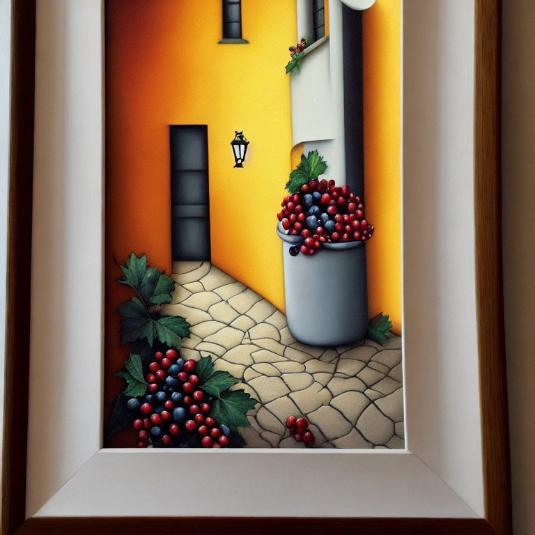 Framed painting: Quaint street with cobblestone path, orange walls, lantern, and