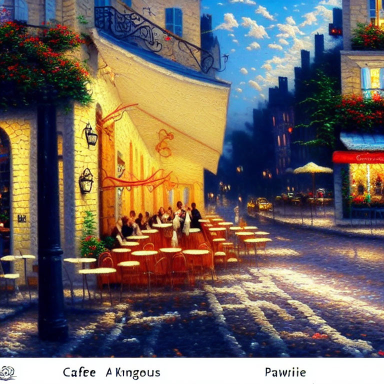 Charming street café scene with outdoor dining and quaint buildings