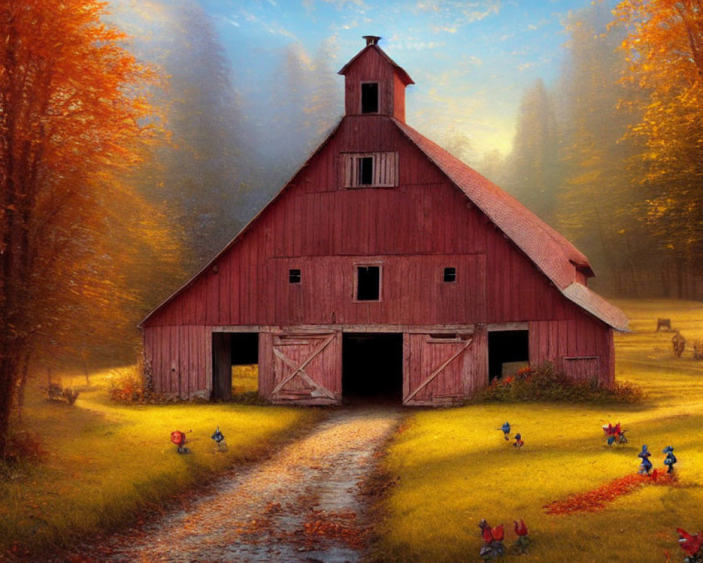 Serene autumn scene with red barn, colorful trees, and chickens