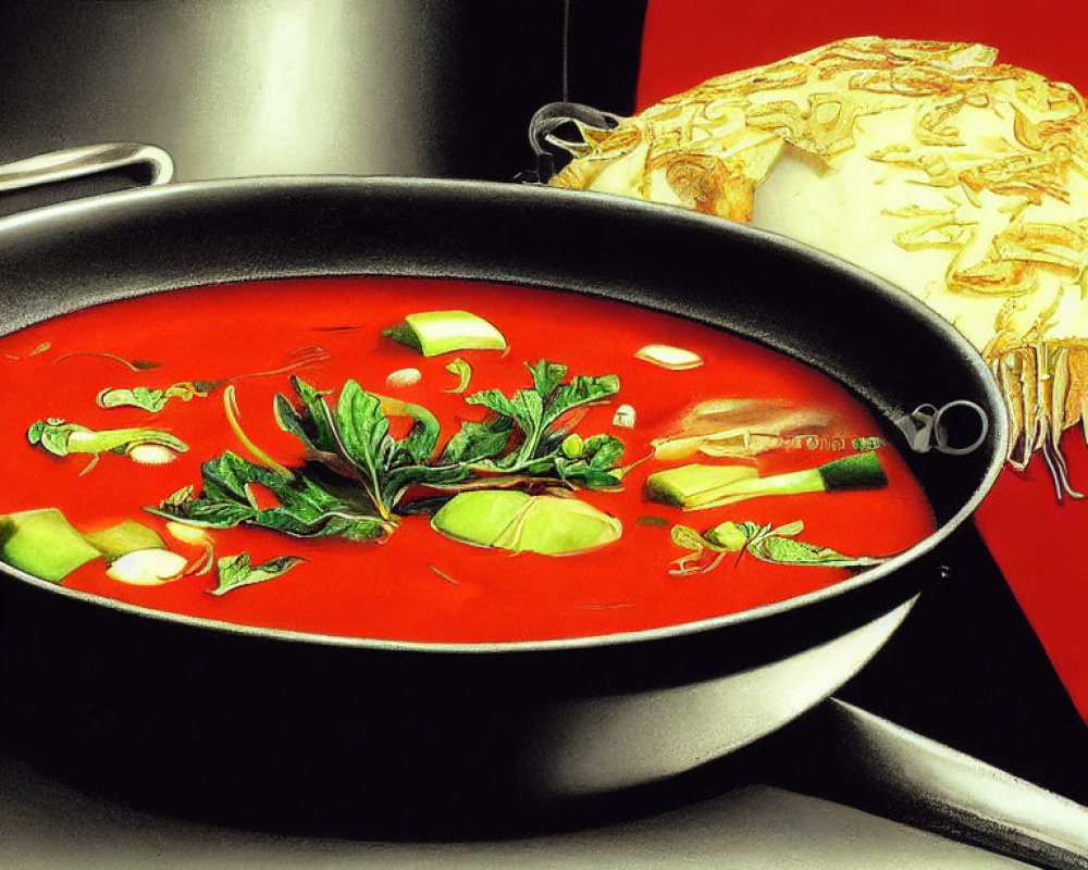 Colorful red soup with herbs and vegetables in black pot with white cloth