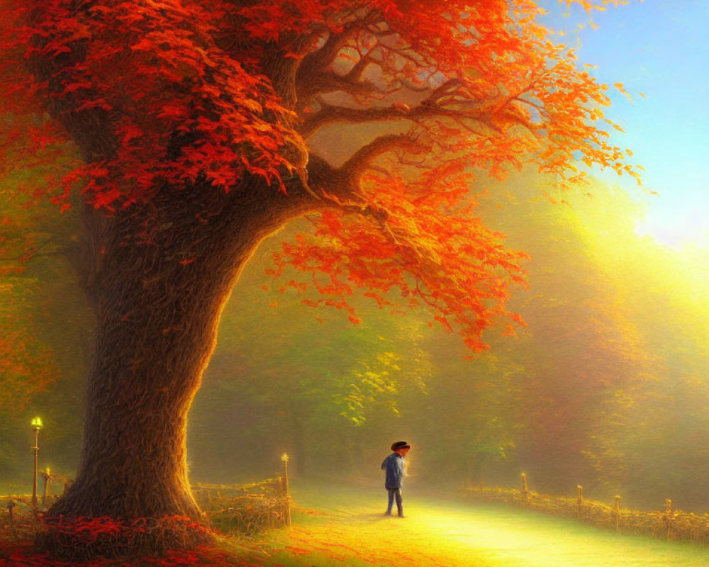 Person standing under vibrant red-leaved tree on misty autumn path