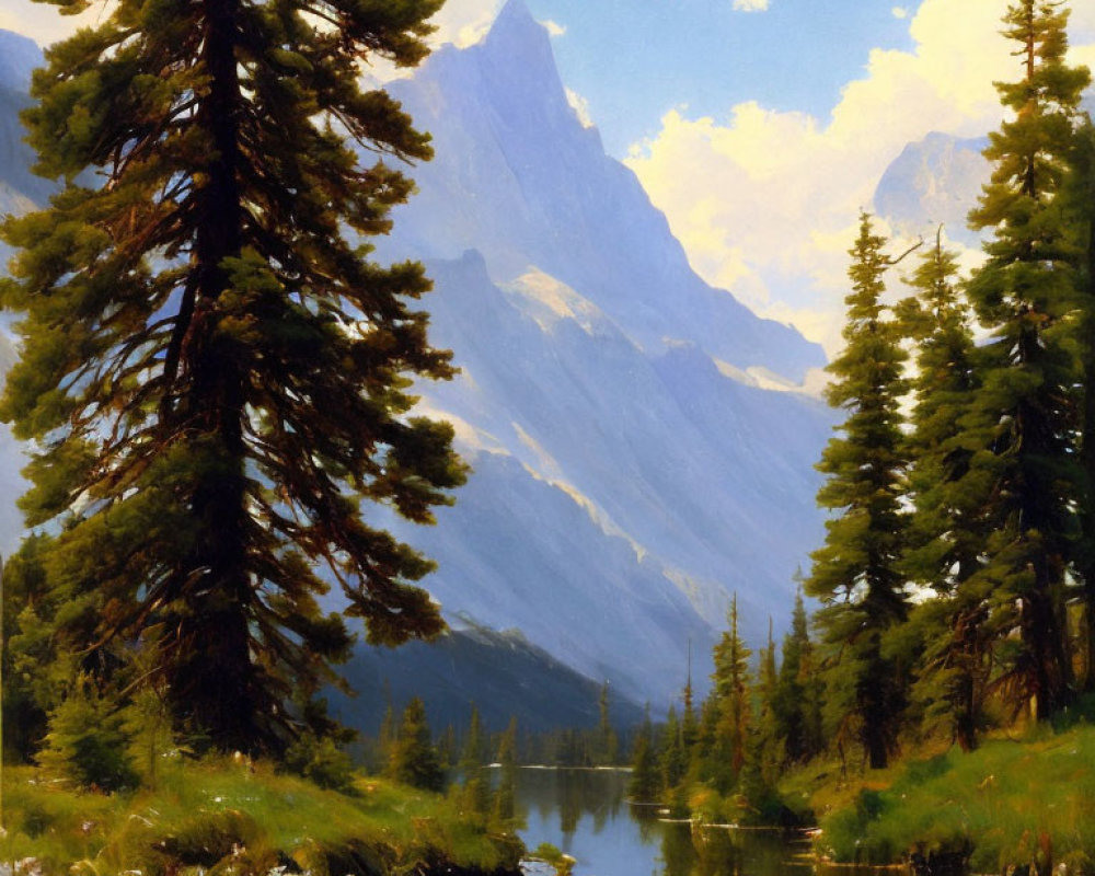 Tranquil landscape with pine trees, river, and misty mountain.