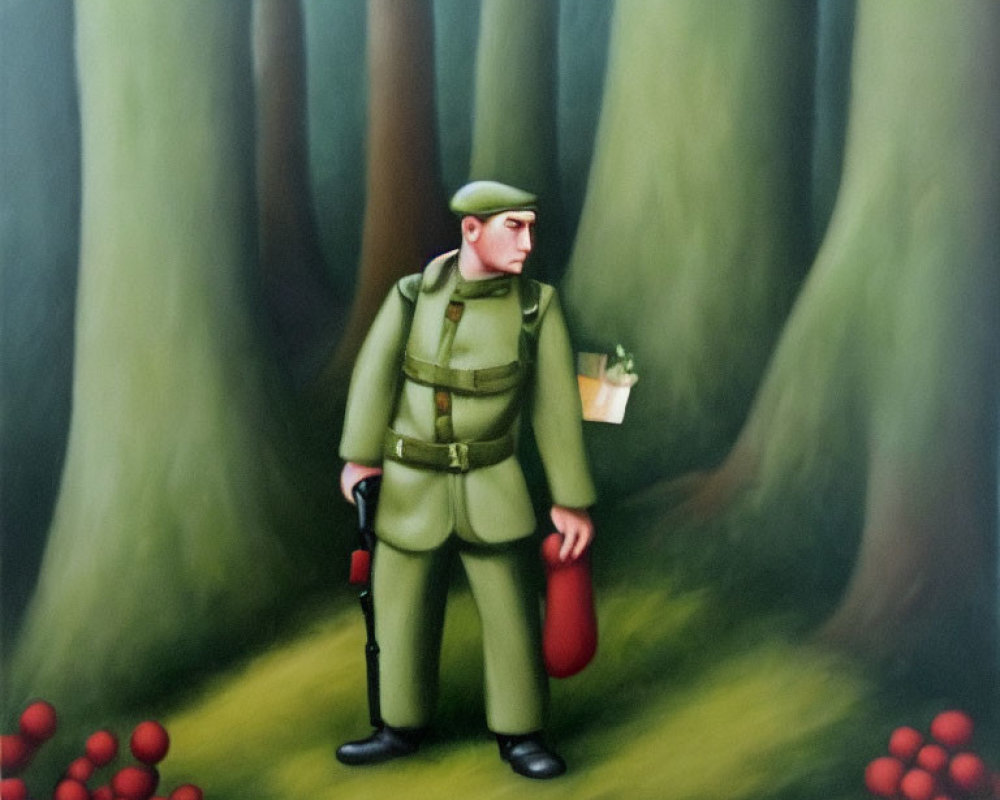 Soldier in Green Uniform Contemplating in Stylized Forest with Oversized Red Berries