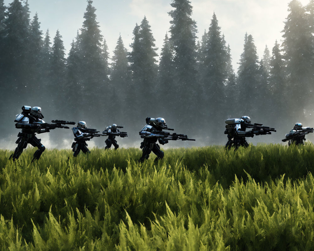 Futuristic soldiers in blue armor in misty forest clearing