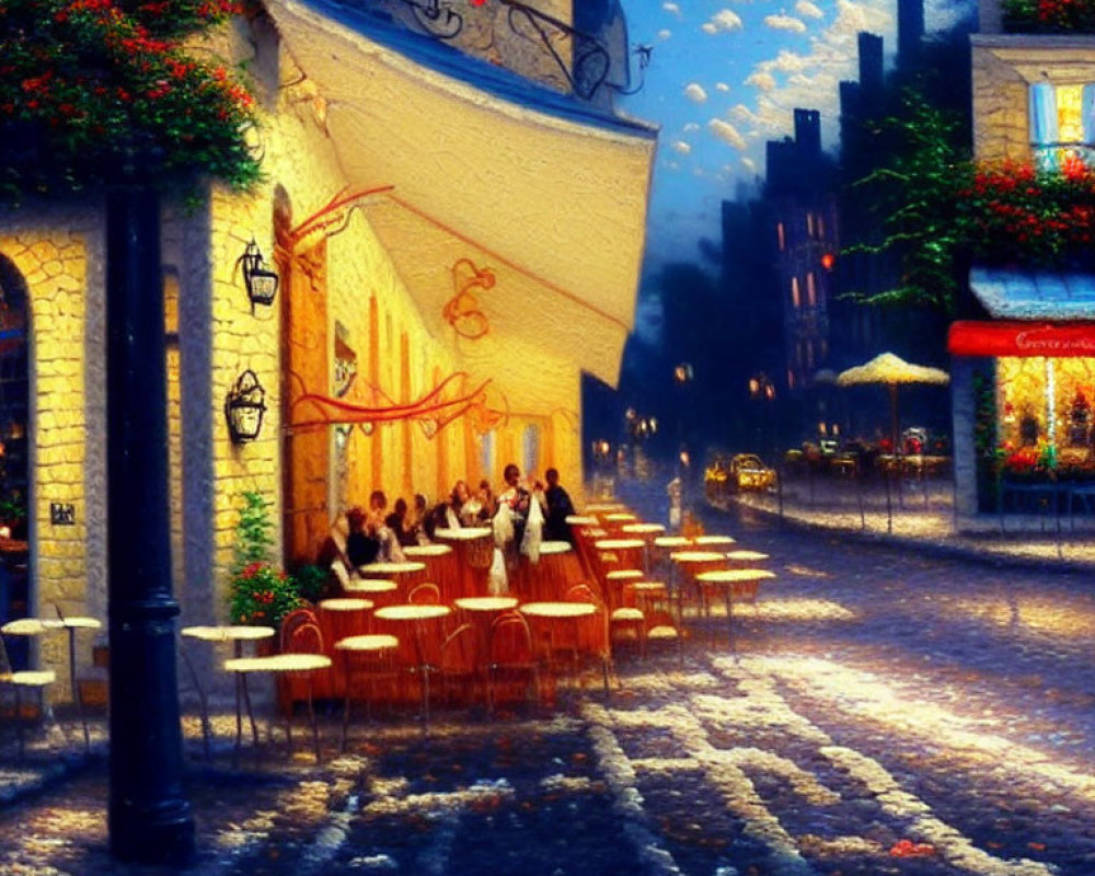 Charming street café scene with outdoor dining and quaint buildings