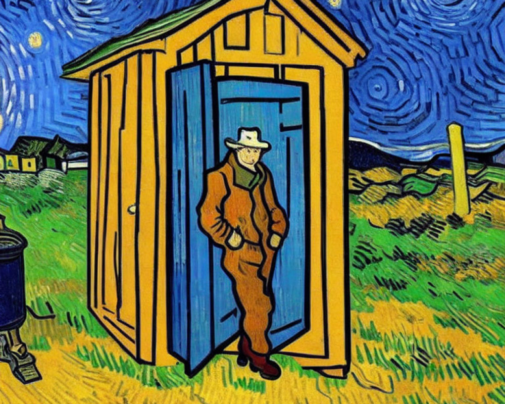 Starry sky over shed doorway in Van Gogh style