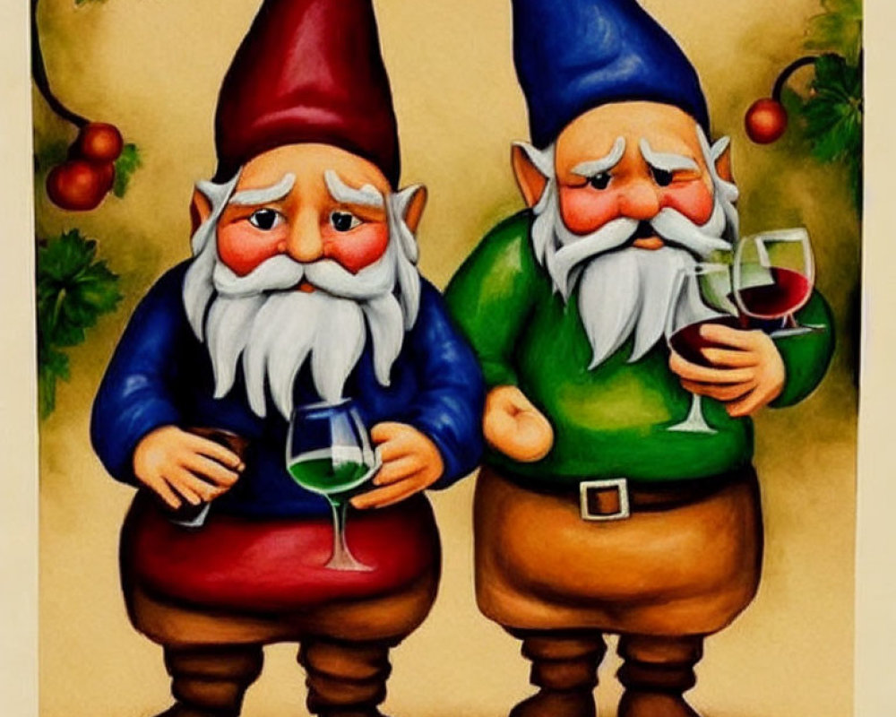 Colorful garden gnomes with white beards in red and blue hats toast with wine glasses