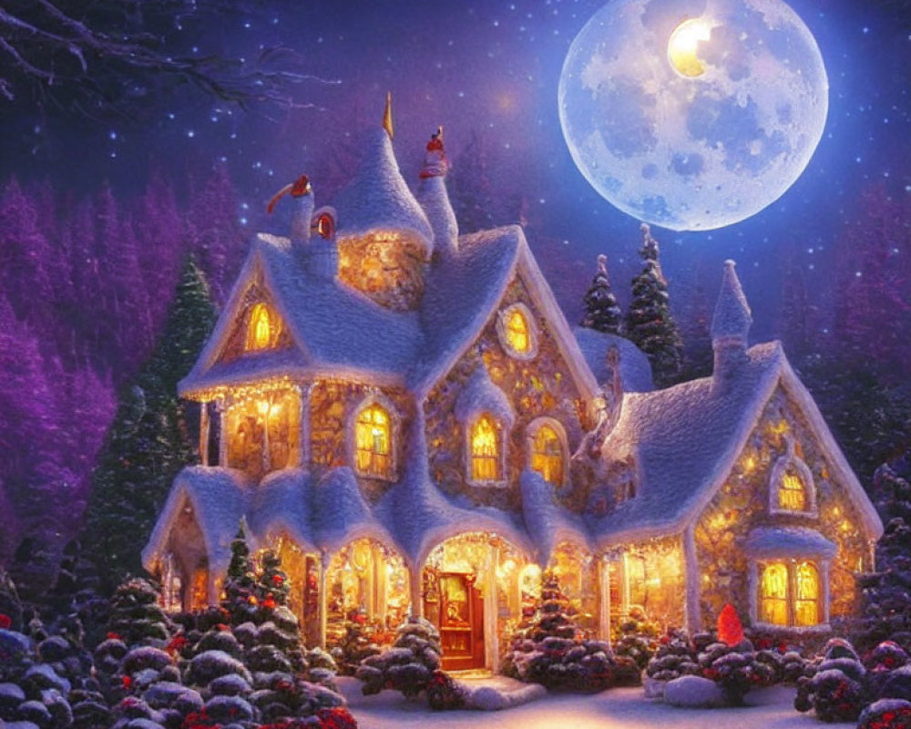 Snow-covered house in wintery forest under full moon