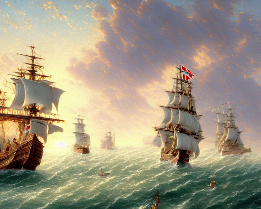 Tall ships with billowing sails on turbulent sea at sunset