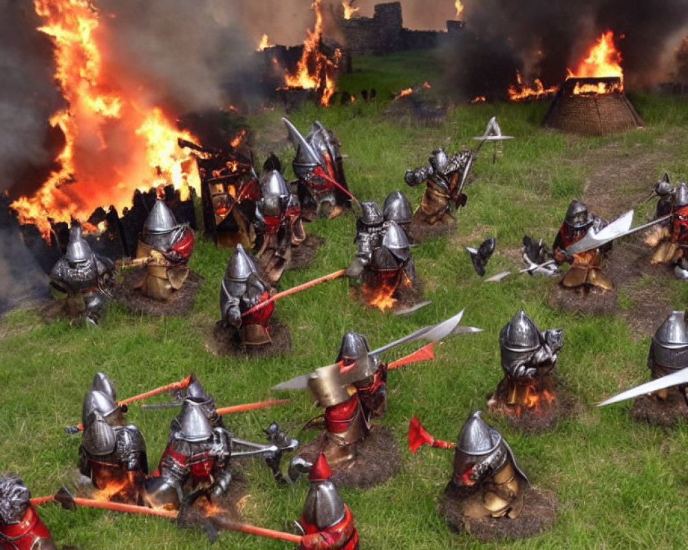 Toy knights battle in front of flaming castle on grass terrain