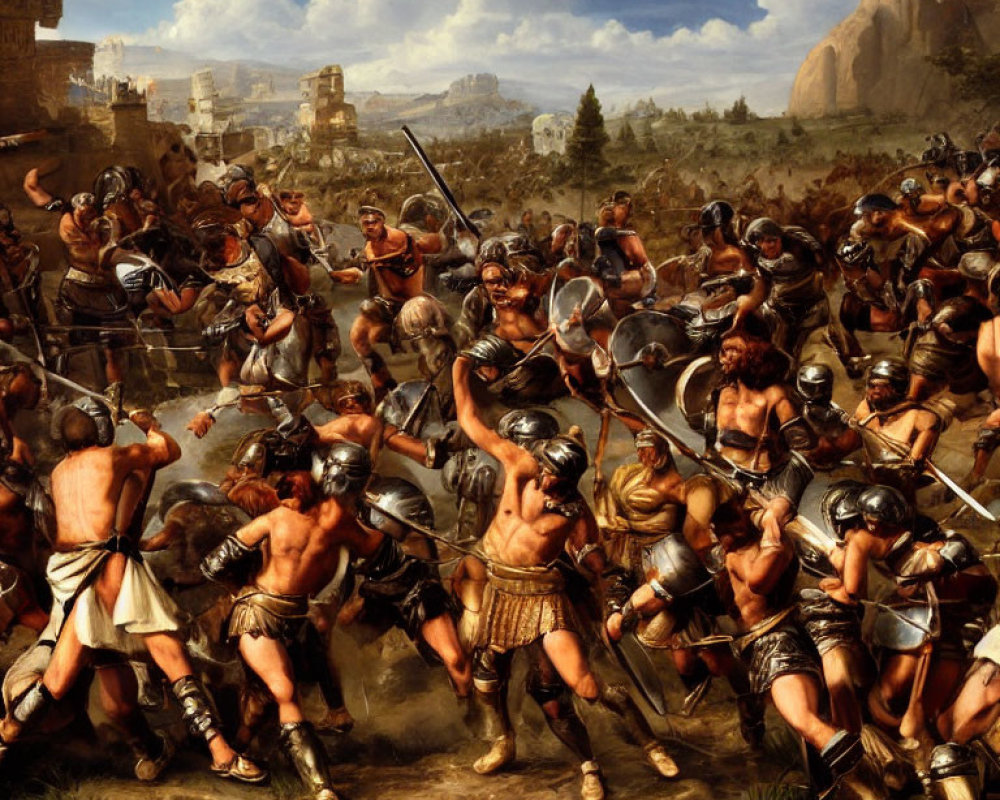 Ancient battle scene with soldiers in hand-to-hand combat