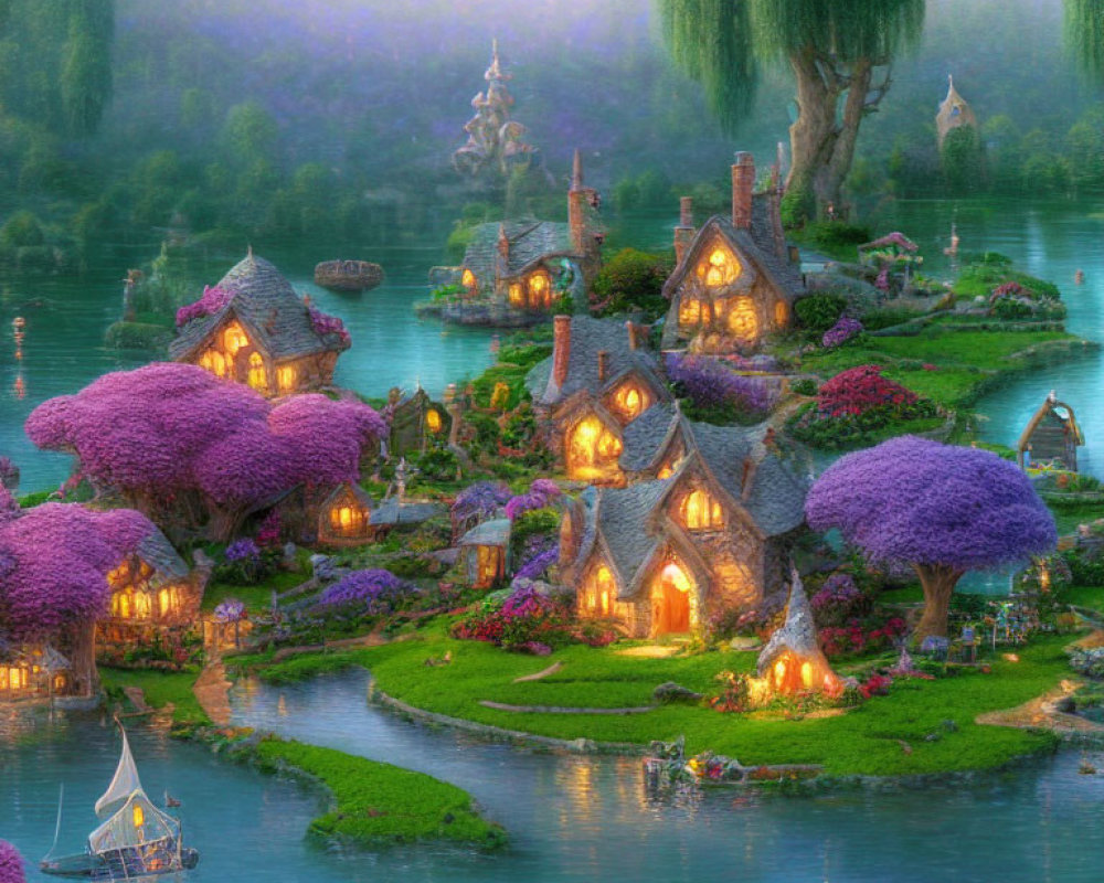 Enchanting fairytale village with illuminated cottages and purple trees by a serene lake at dusk