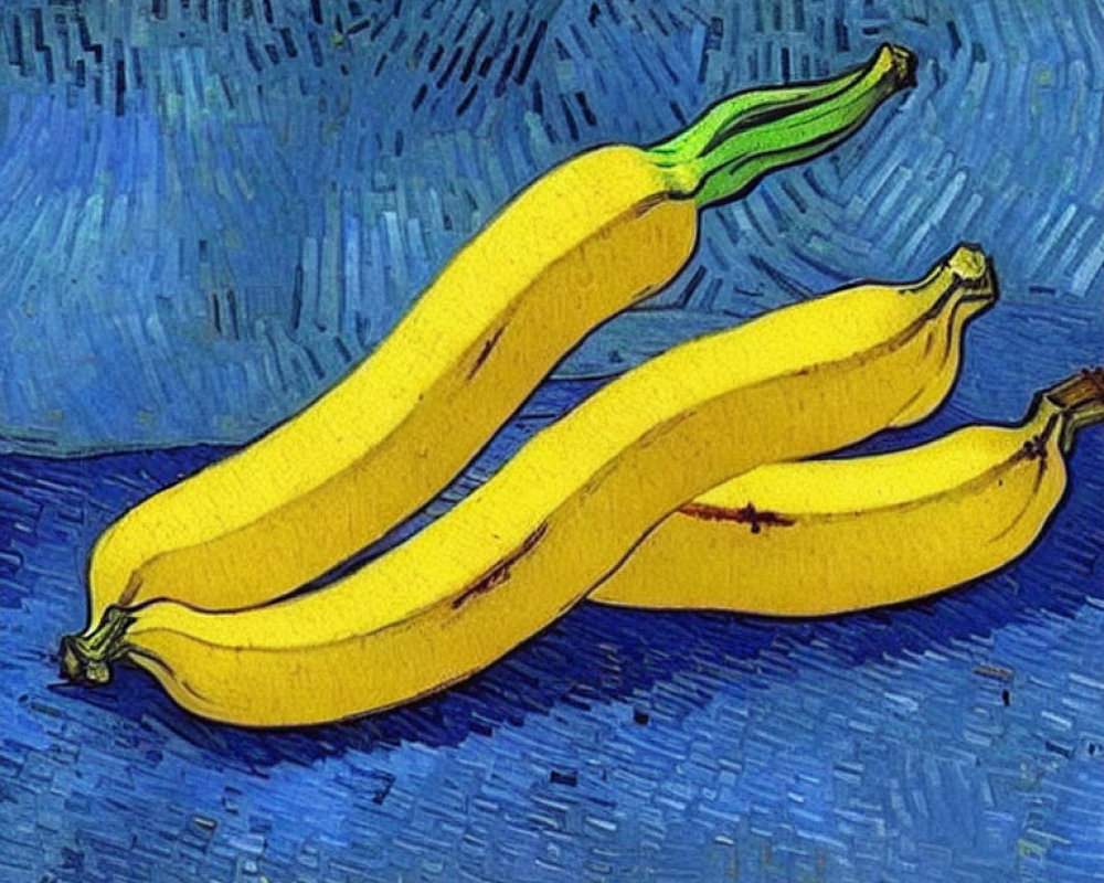 Yellow Bananas with Green Stems on Blue Textured Background