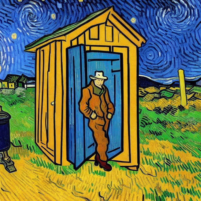 Starry sky over shed doorway in Van Gogh style
