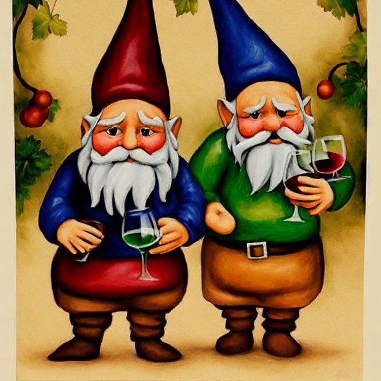 Colorful garden gnomes with white beards in red and blue hats toast with wine glasses