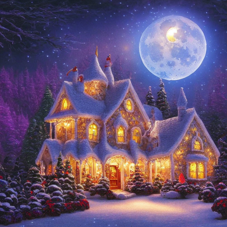 Snow-covered house in wintery forest under full moon